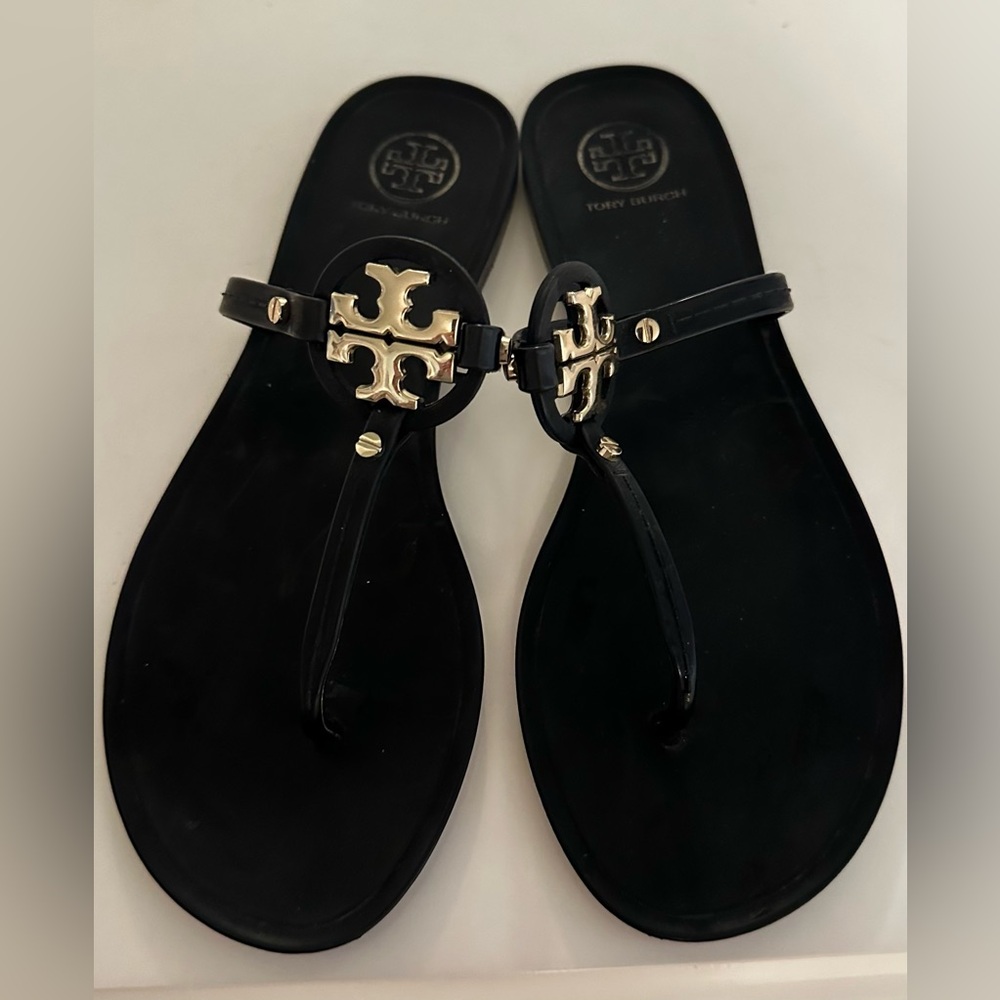 Tory Burch Black Jelly Thong Sandals with Gold Logo